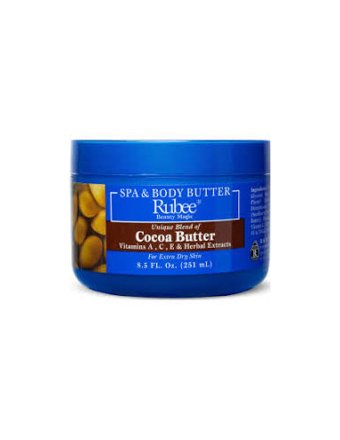 La Crema de Manteca de Cacao Rubee (251 ml) es una loción hidratante diseñada para el cuidado profundo de las manos y el cuerpo.