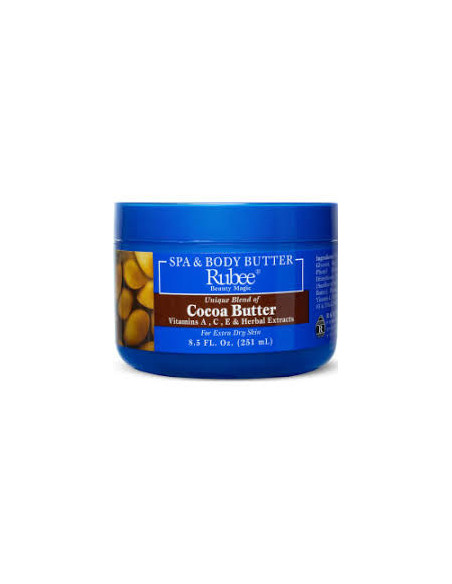 La Crema de Manteca de Cacao Rubee (251 ml) es una loción hidratante diseñada para el cuidado profundo de las manos y el cuerpo.
