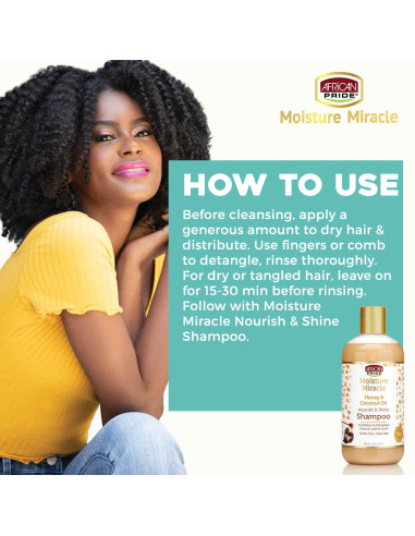 African Pride Moisture Miracle Shampoo Honey,Coco 354ml. 12oz.  Nourish Shine